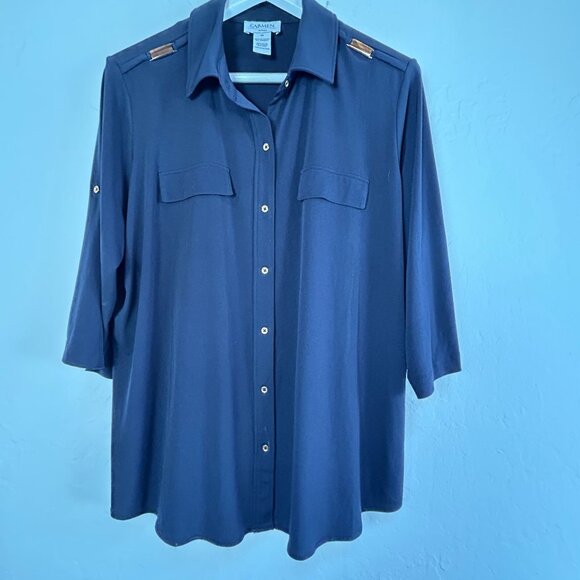 Carmen Woman Navy Blue Button-Up Shirt With Gold Accents 3/4 Sleeves Size 1X - Picture 1 of 7